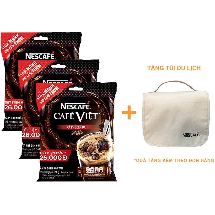 Combo 3 cà phê hòa tan Nescafé café Việt cà phê đen đá (Túi 35 gói x 16g) [Tặng túi du lịch đa năng]