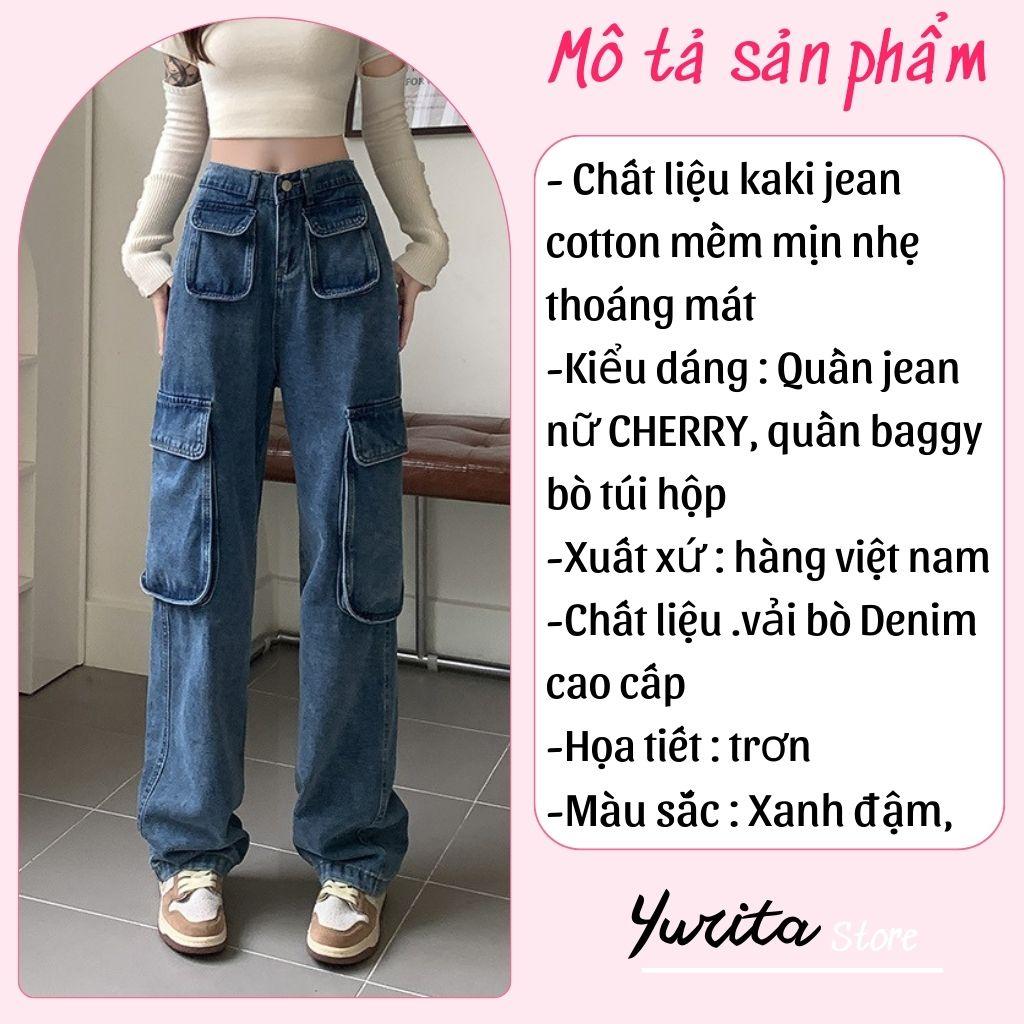 Quần Jean Túi Hộp Ống Rộng 6 Túi Yurita Quần Jeans Ống Đứng Dáng Suông Nữ Cạp Cao Màu Xanh