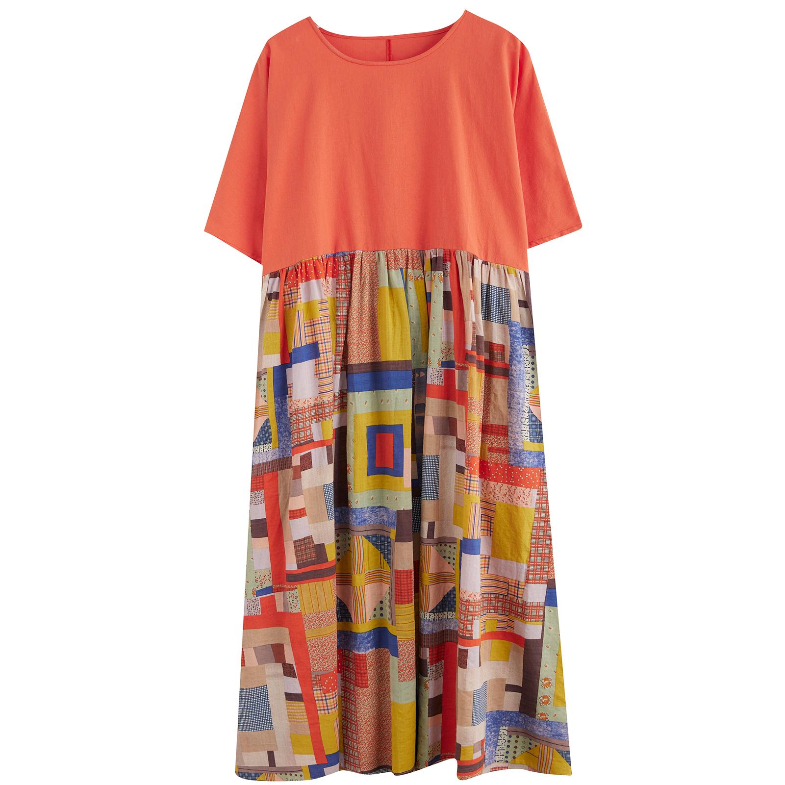 Women Casual Dress Contrast Color Print Pockets Loose O-Neck Short Sleeves Plus Size Summer Dress