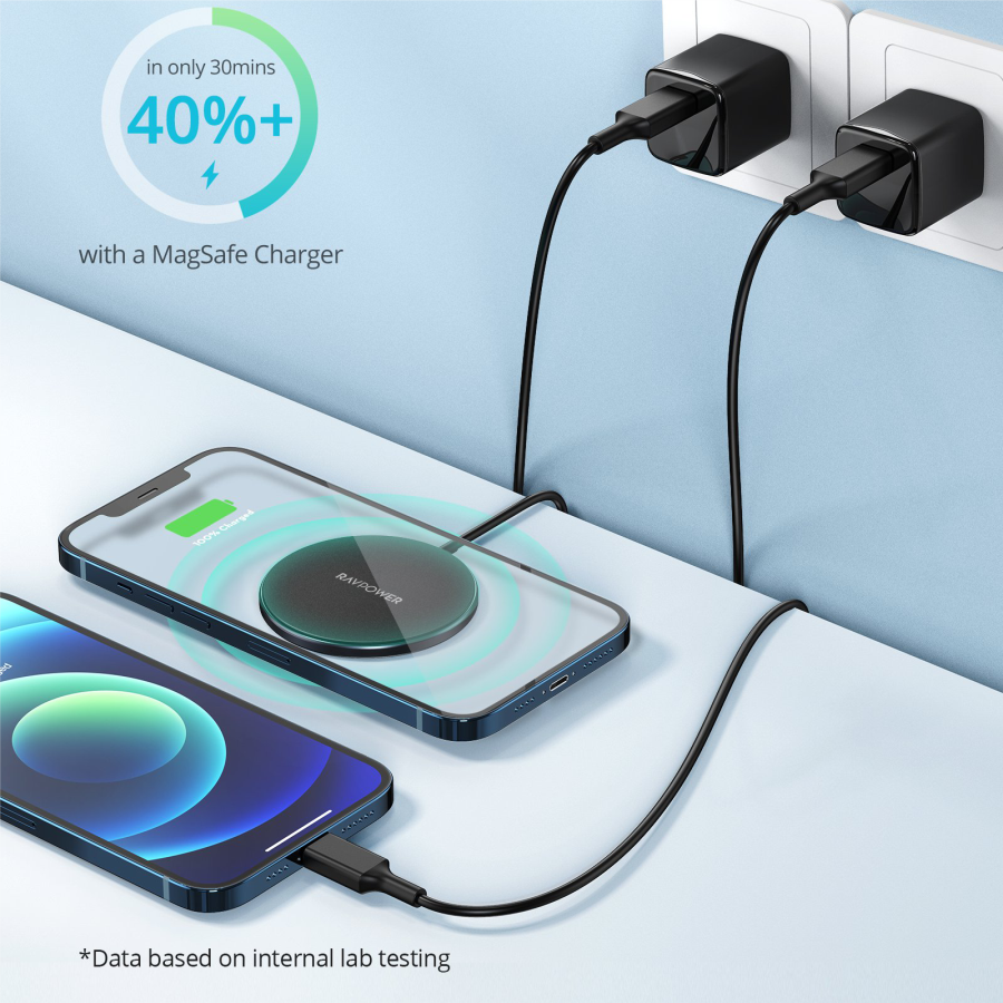 Bộ Sạc Không Dây Mag.Safe Nam Châm Hít 15W RAVPower RP-WC012-WC-B Kèm Củ Sạc Type-C 20W Dành Cho iPhone 14, Cho iPhone 13, iPhone 12 - Hàng Chính Hãng