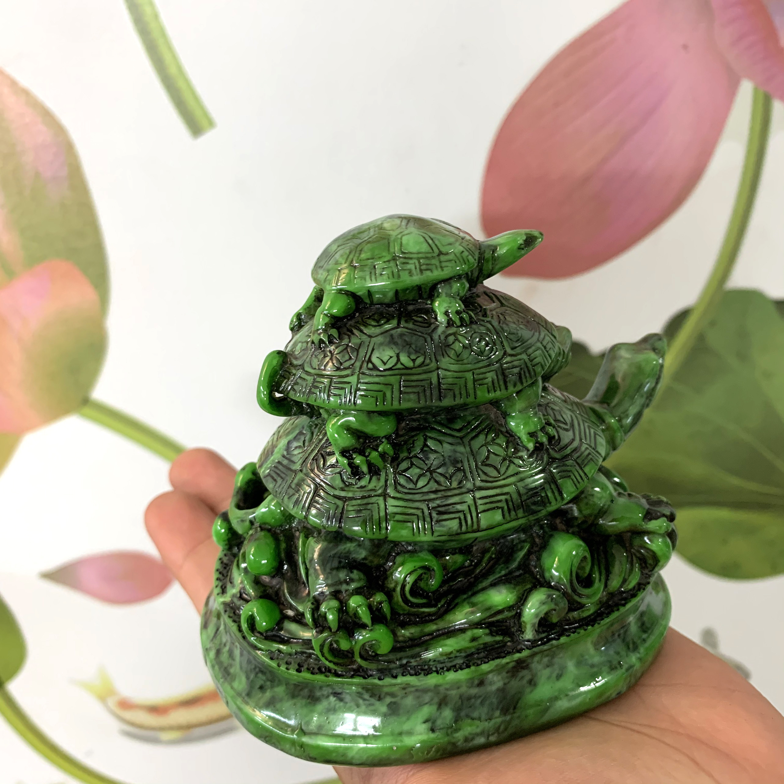 Tượng rùa trang trí phong thủy có chân đế - Chiều cao 10cm - Màu xanh lục bích