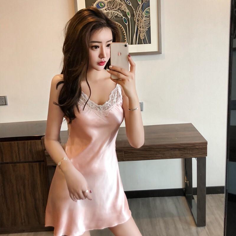 Váy ngủ hở lưng gợi cảm Đầm ngủ hai dây chéo lưng phối ren quyến rũ