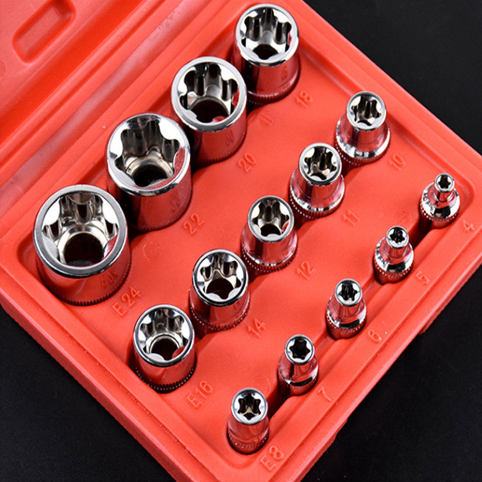14Pcs Female Star Bit Sockets Set 1/2'' 3/8'' 1/4'' Drive Sockets E4 -E24 with Storage Box