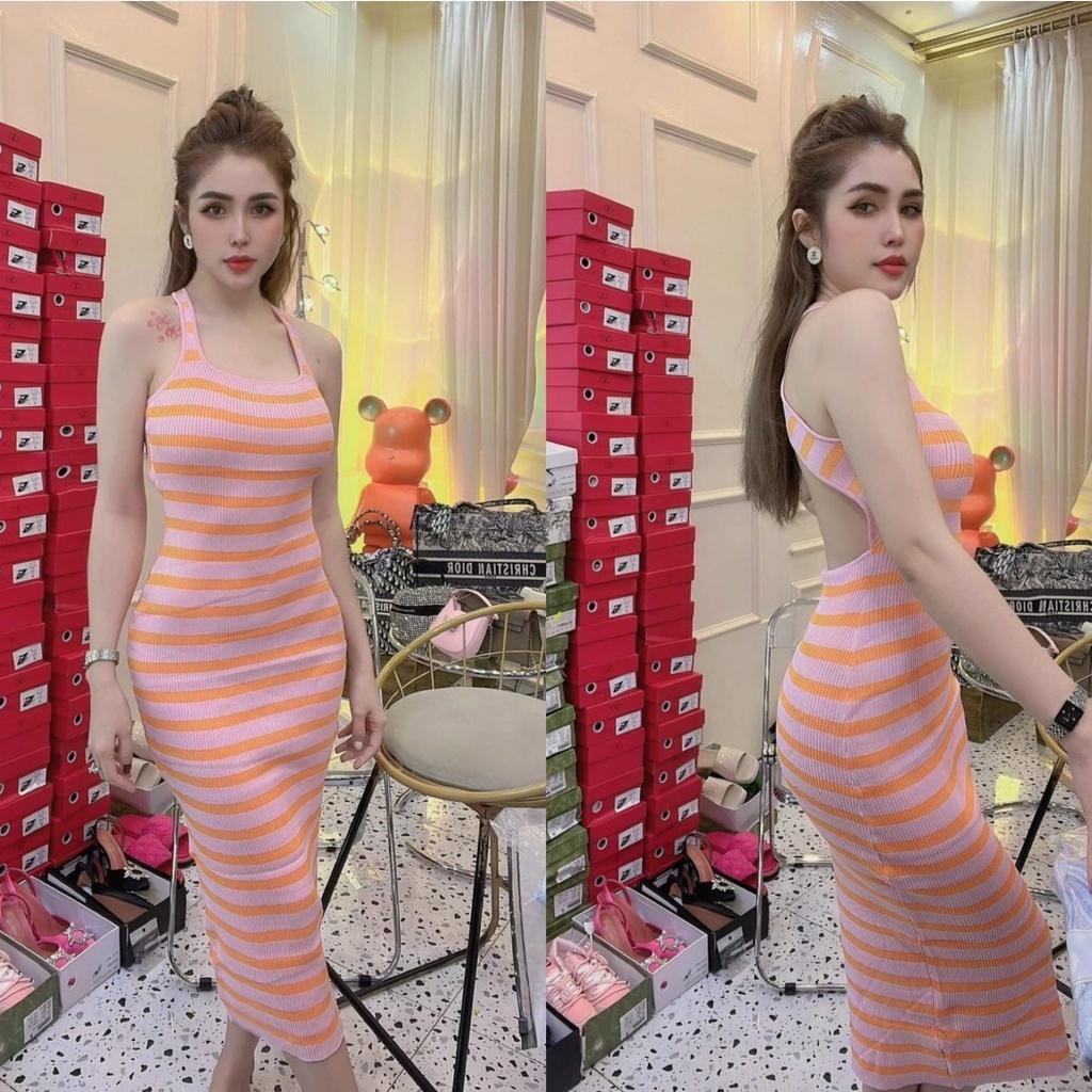 Váy Đầm nữ body dây sọc gợi cảm hở lưng thun gân thoải mái co giãn