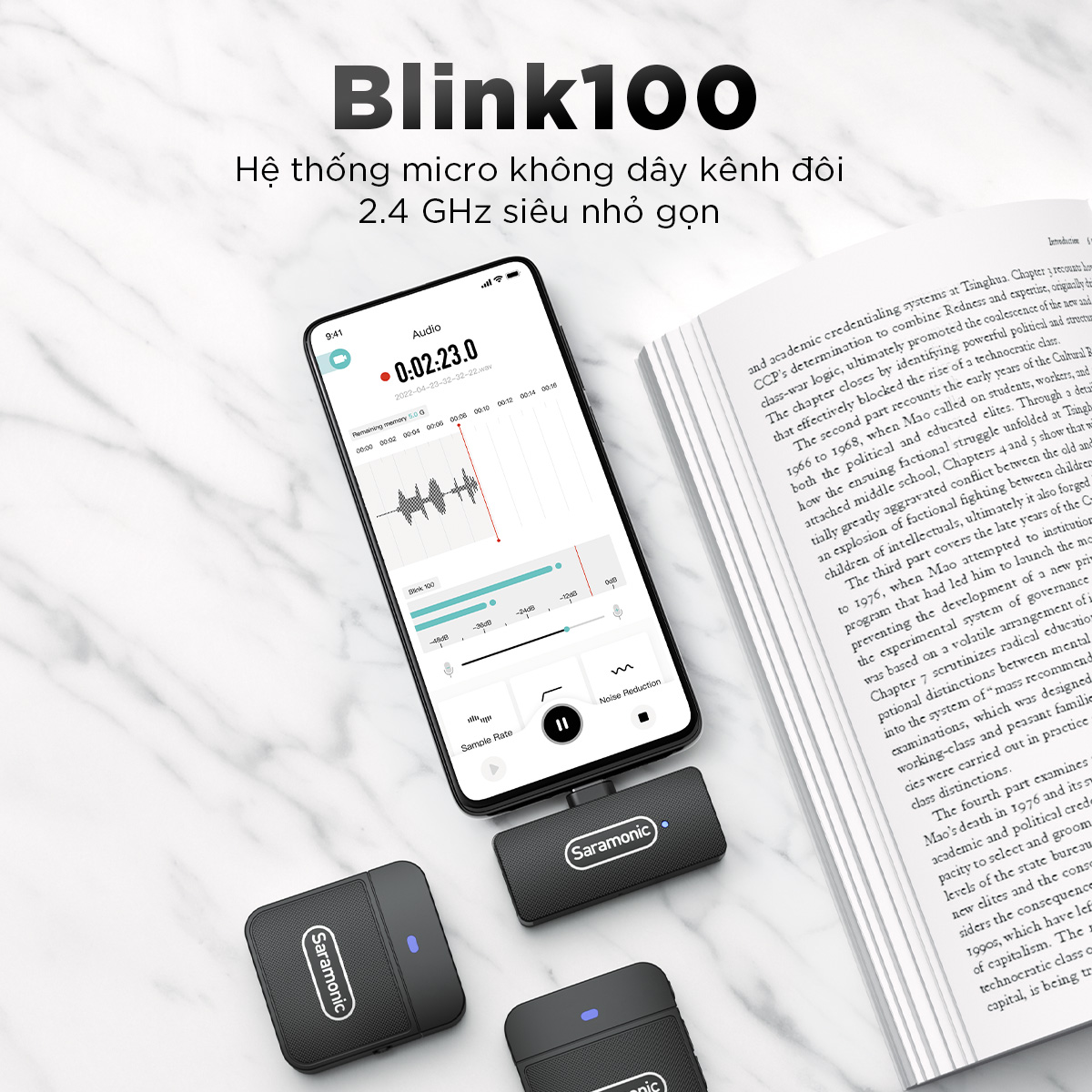 Micro Thu Âm Không Dây Saramonic Blink100 - Dành Cho Máy Ảnh, DSLR Điện Thoại, Laptop - Khử ồn Thông Minh - Hàng Chính Hãng