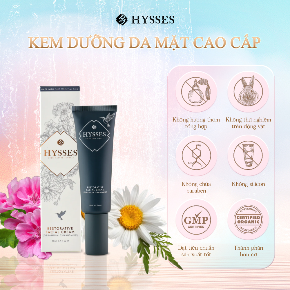 Kem Dưỡng Da Cao Cấp Hysses Restorative Facial Cream Giảm Kích Ứng, Mẩn Đỏ, Chàm, Cấp Ẩm Chuyên Sâu & Tái Tạo Tế Bào Da Với Tinh Dầu Hoa Phong Lữ  - Cúc La Mã Hữu Cơ Tự Nhiên