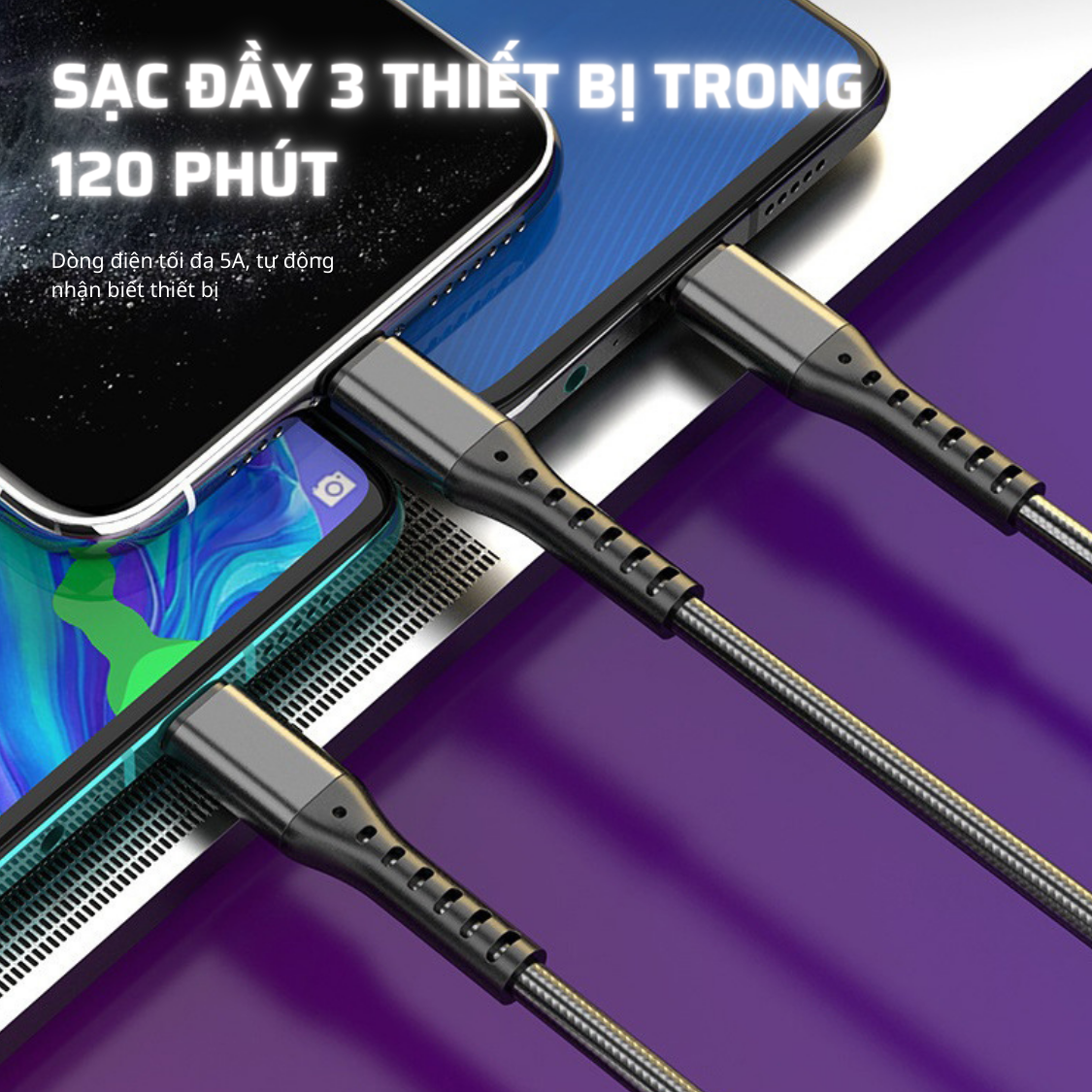 Cáp Sạc Nhanh 5A 66W 3 Trong 1 Chiều Dài 1,2m Dây Bọc Dù Siêu Bền Chống Đứt Gãy - Hàng Chính Hãng Tamayoko