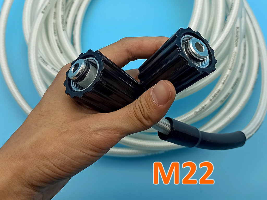 Dây rửa xe áp lực 16MPa 15m, lõi nhựa bọc dù trắng, hai đầu ren trong to M22