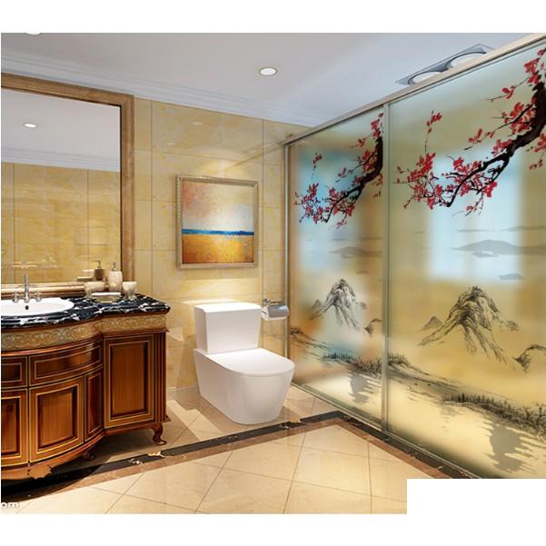 Decal dán kính cao cấp - Phong Thủy Núi Sông kết hợp Mai Đỏ