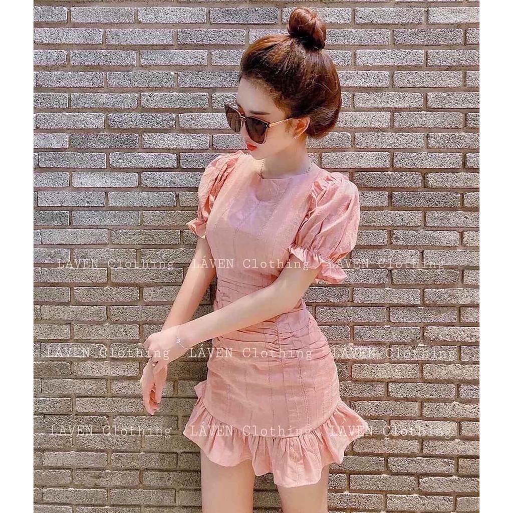 Đầm Body Nhún Eo Tay Phồng Chân Váy Bèo
