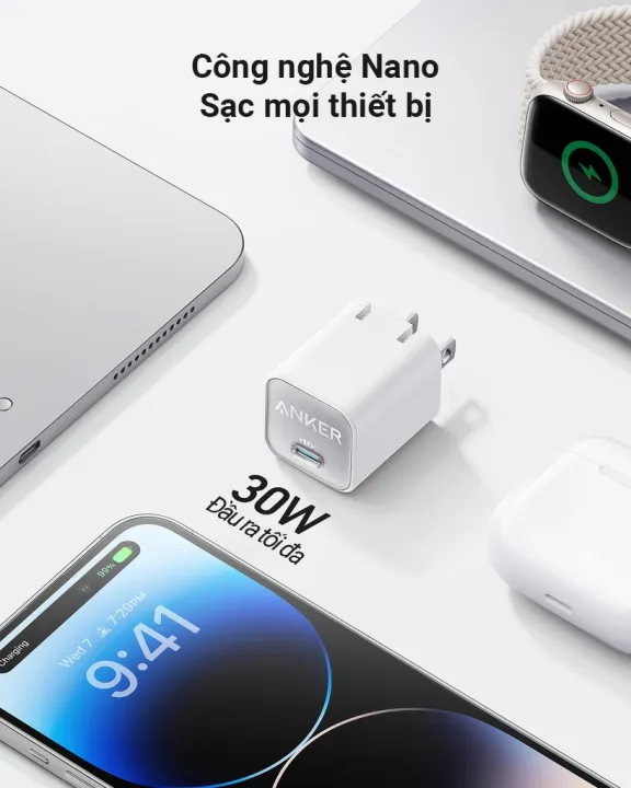 Sạc Nhanh ANKER 511 Nano 30W 1 cổng USB-C PiQ 3.0 Tương Thích PD - ANKER A2147 - Hỗ Trợ Sạc Nhanh 30W Cho iPhone 13 Trở Lên