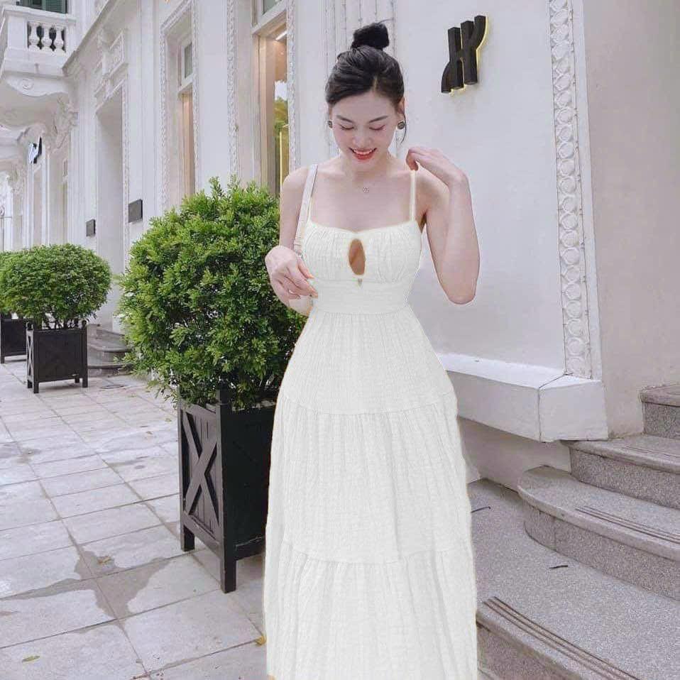 Váy đầm nữ maxi hai dây nhún tầng hở lưng cột dây quyến rũ