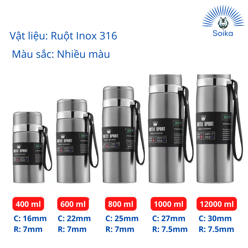 Bình Giữ Nhiệt SOIKA SB091 Inox 316 Cách Nhiệt Chân Không Nhiều Màu Nhiều Dung Tích