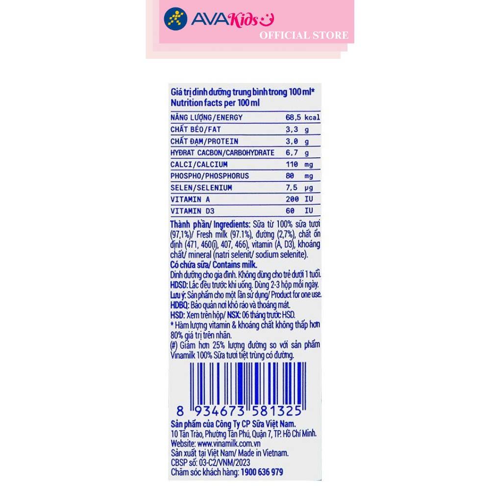 Lốc 4 hộp sữa tươi tiệt trùng Vinamilk ít đường 110 ml (từ 1 tuổi)
