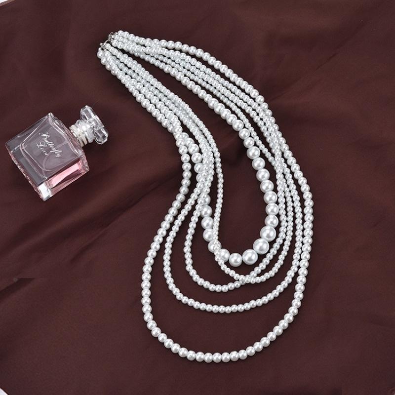 N391 vòng cổ hạt Trai, dây chuyền hạt bẹt 5 sợi dài nhiều kích cỡ hạt kiểu dáng sang trọng cho nữ