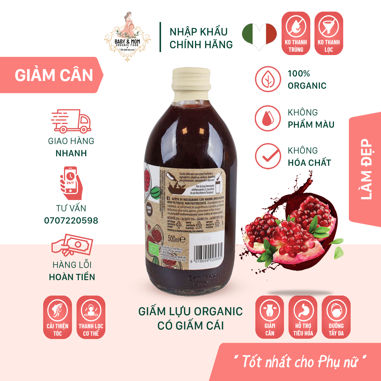 Giấm Lựu Hữu Cơ Có Giấm Cái 500ml ProBios Organic