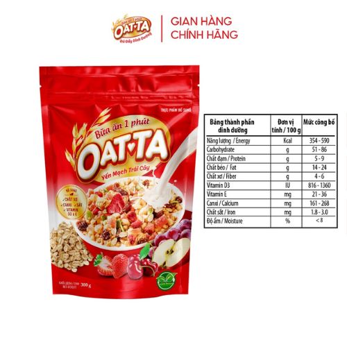 Ngũ cốc Yến mạch trái cây Oatta nguyên chất tốt cho người ăn kiêng túi 300gam