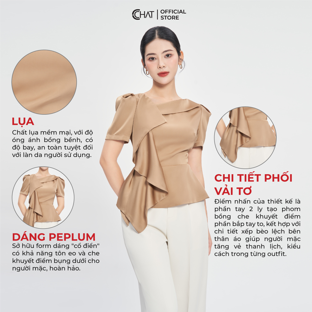 Áo Kiểu Nữ Dáng Peplum Bèo Đổ Chất Lụa Cao Cấp Mềm Mịn 53ANL2007PT