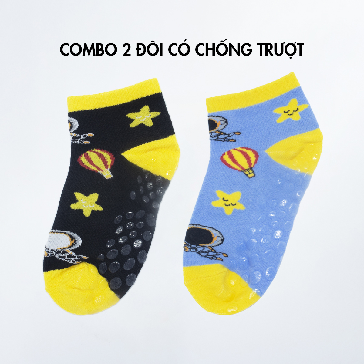 Combo/set 2 đôi tất bé trai/bé gái dễ thương màu xanh + đen, vớ trẻ em cotton mềm mịn, hình phi hành gia, có đệm cao su chống trượt – E3CL101+E3CB001