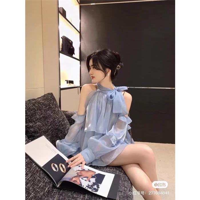 Áo bèo cổ nơ dáng yếm khoét vai tay rơi chất tơ ngọc tra.i, Áo bánh bèo cổ yếm màu xanh da trời, kem be