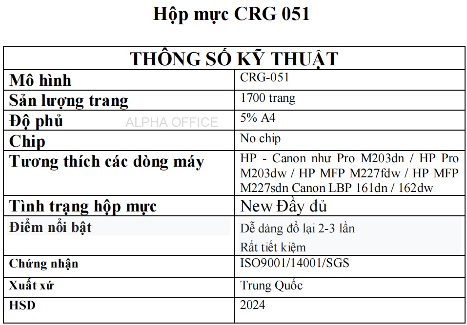 Hộp mực CRG 051 tương thích với các máy in HP - Canon như Pro M203dn / HP Pro M203dw / HP MFP M227fdw / HP MFP M227sdn, Canon LBP 161dn / 162dw Hàng nhập khẩu