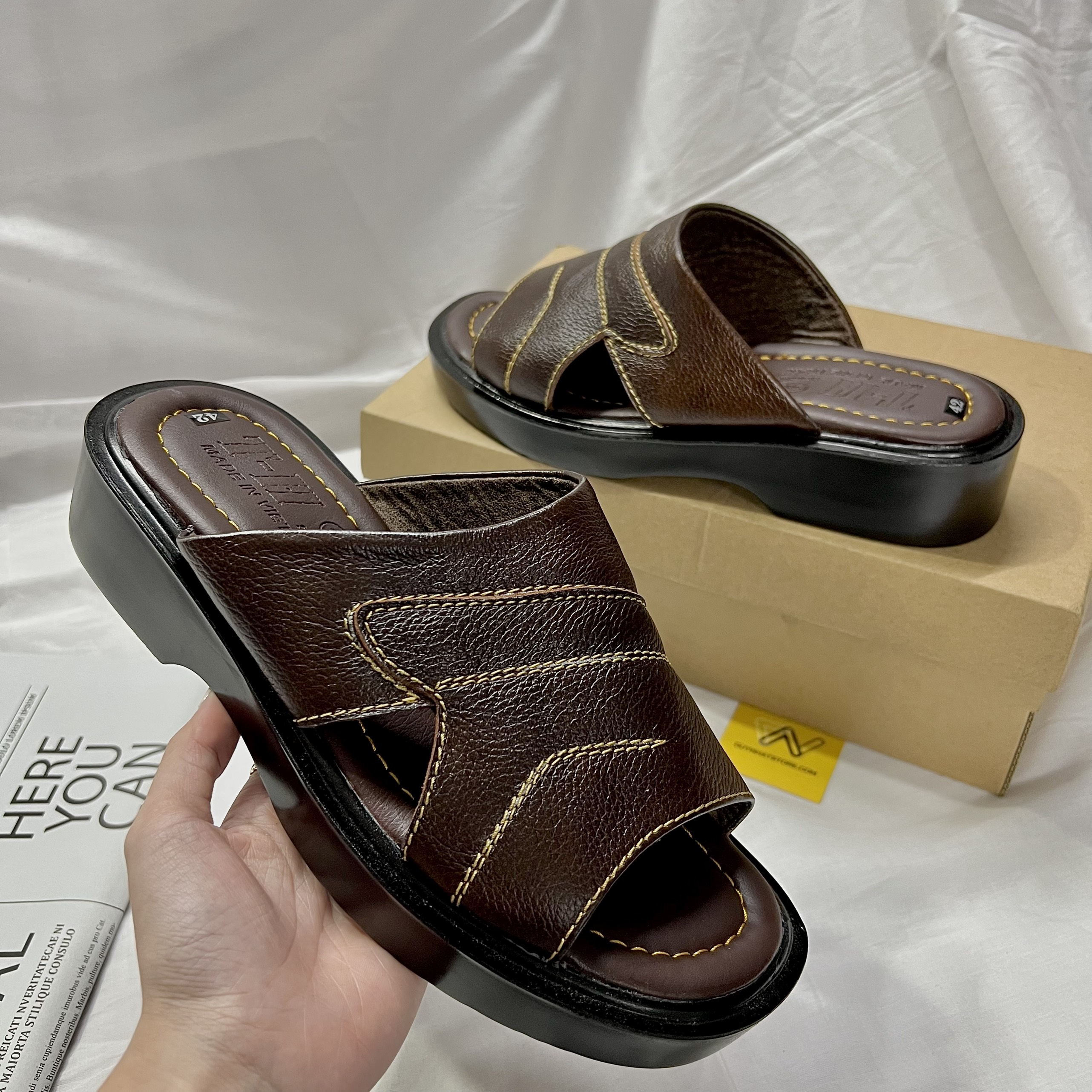 Dép Nam Nâu Đen Quai Ngang Chéo Trung Niên Da Bò Thật May Xung Quanh Giày Duy Nhật Store Đế Độn 5cm Cao Su Bền Đẹp Mềm
