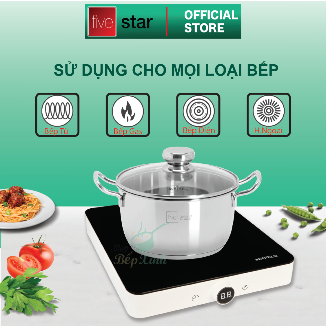 Bộ nồi inox và chảo chống dính cao cấp Fivestar 4 món 3 đáy từ , nắp kính