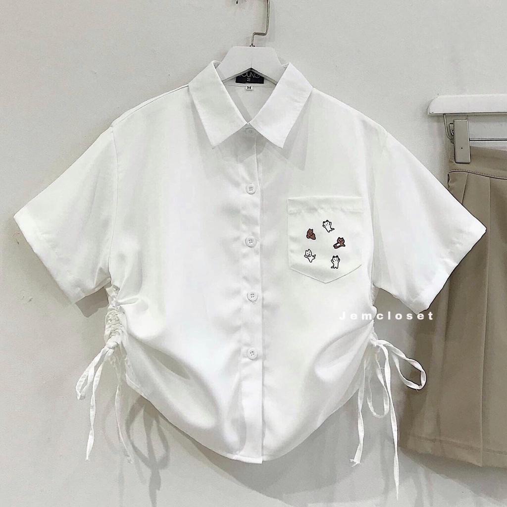 Áo Sơ Mi Croptop Nữ Dây Rút Áo Croptop Nữ Form Rộng Phong Cách Ulzzang Dễ Thương KOS Có 2 Màu Trắng Đen 10045