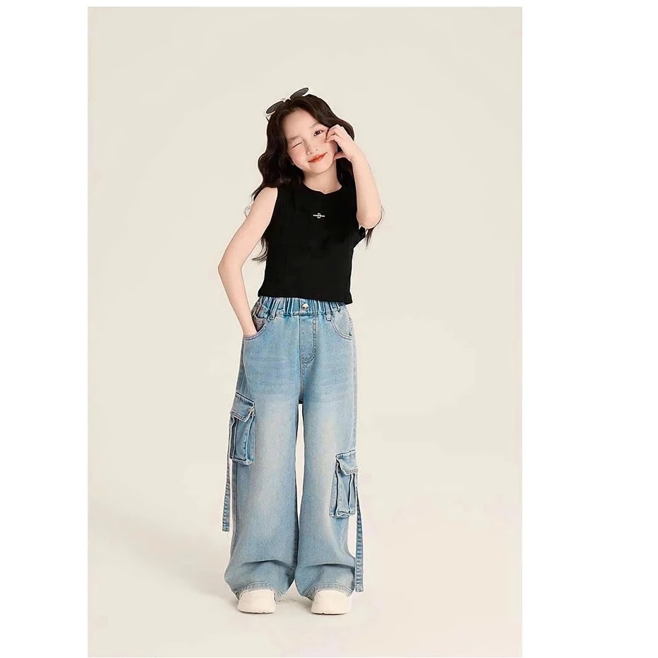 Quần Jean Ống Suông Túi Hộp Dây Bé Gái Phong Cách Hàn, Jean Cotton Mềm Nhẹ – 2 Màu Cá Tính Từ 18-50kg Dành Cho Bé Gái