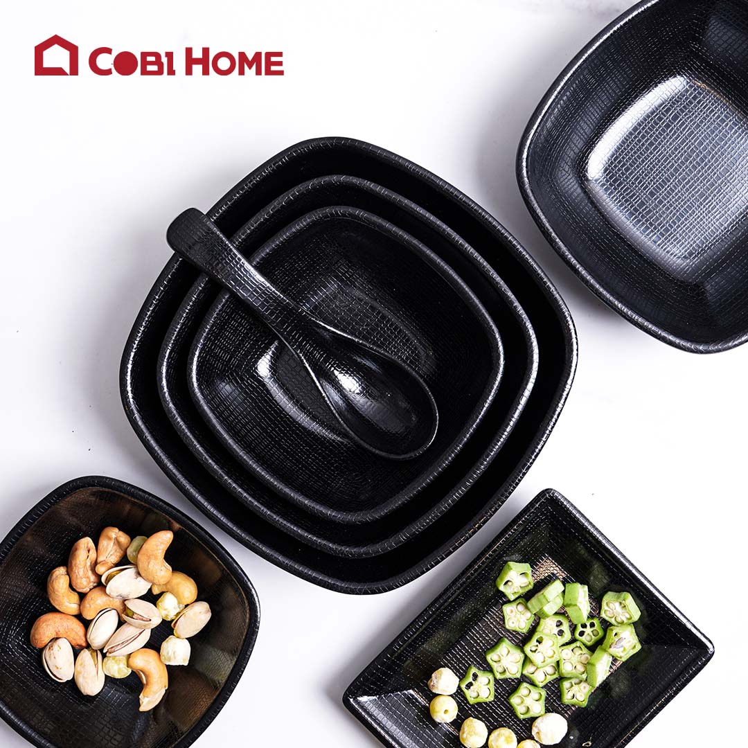 Tô, chén, bát hình vuông bằng melamine cao cấp màu đen - 2 size