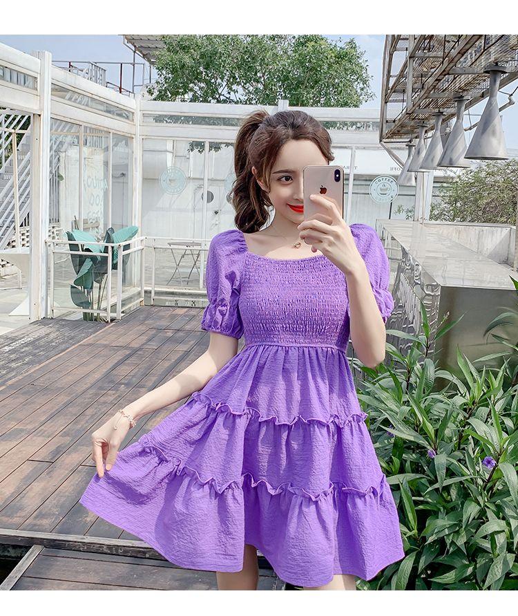 DIYIWEI Phụ nữ mùa hè 2023 Square Neck Pleated Bubble Sleeve Thu hẹp eo Khoai tây tím Vintage Pháp Orange Terrier Dress