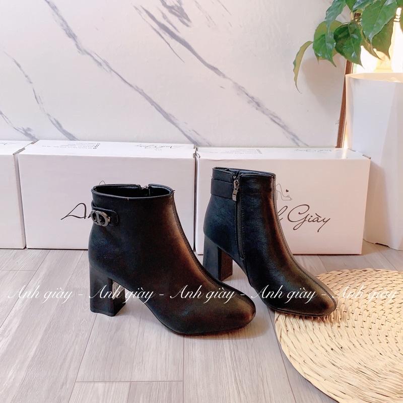 B08 - Bốt , boots mũi vuông thấp cổ da lì cạnh gót trụ 7p DD , kiểu dáng trẻ trung dễ phối đồ chân váy, quần sooc