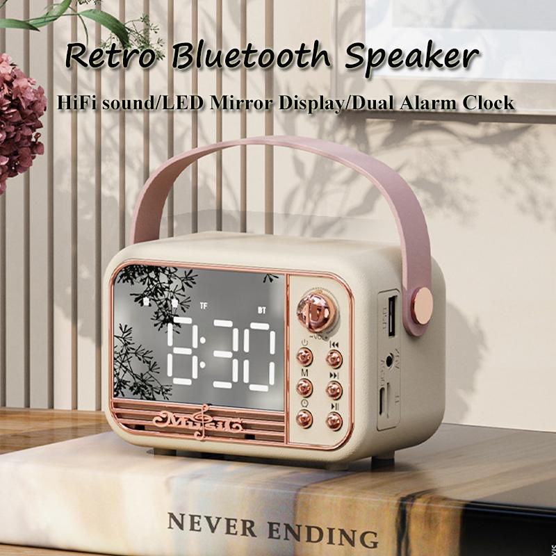 Loa Bluetooth Retro Gương LED Máy nghe nhạc cổ điển Âm thanh nổi HIFI có hiển thị thời gian Đồng hồ báo thức kép Hỗ trợ TF AUX Màu sắc: Hồng