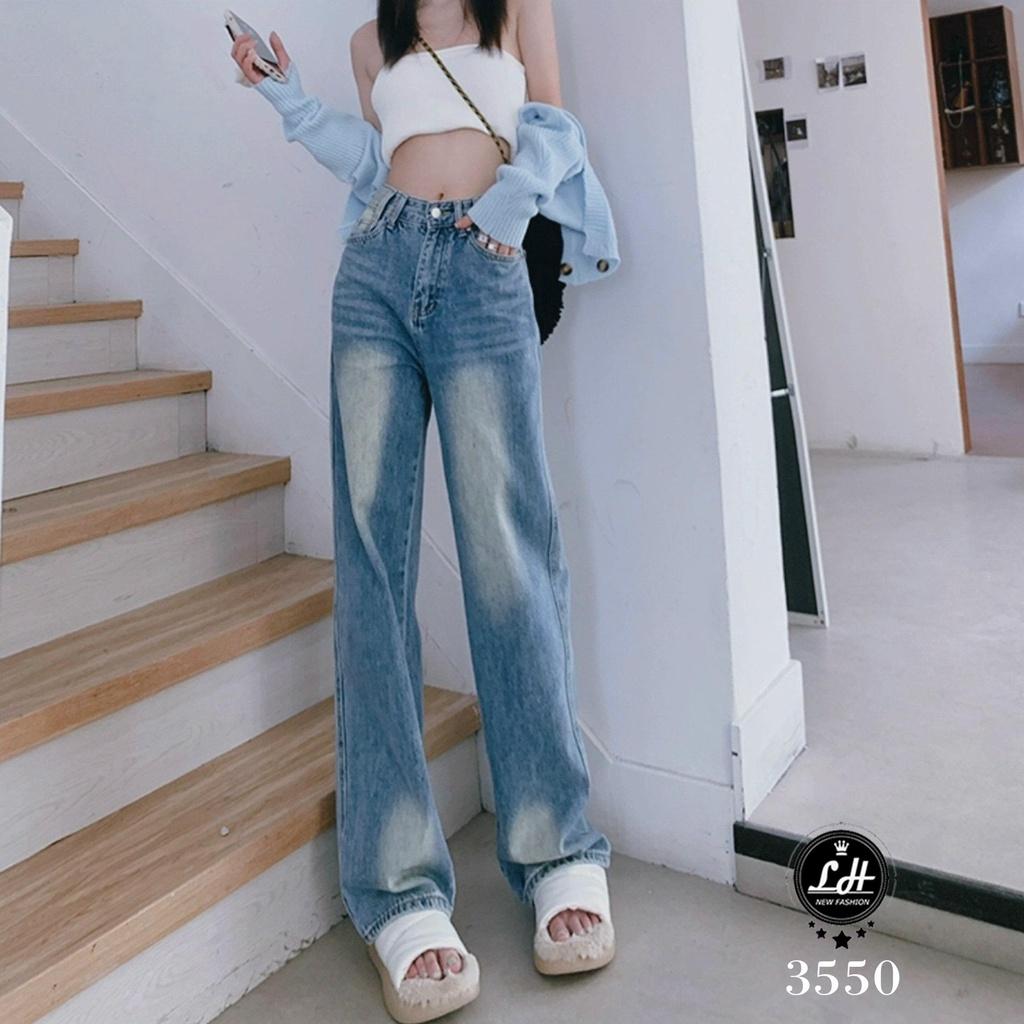 Quần jean nữ ống rộng, quần bò lưng cao màu xanh loang hai màu xả lai lưng kiểu Lê Huy Fashion MS 3550