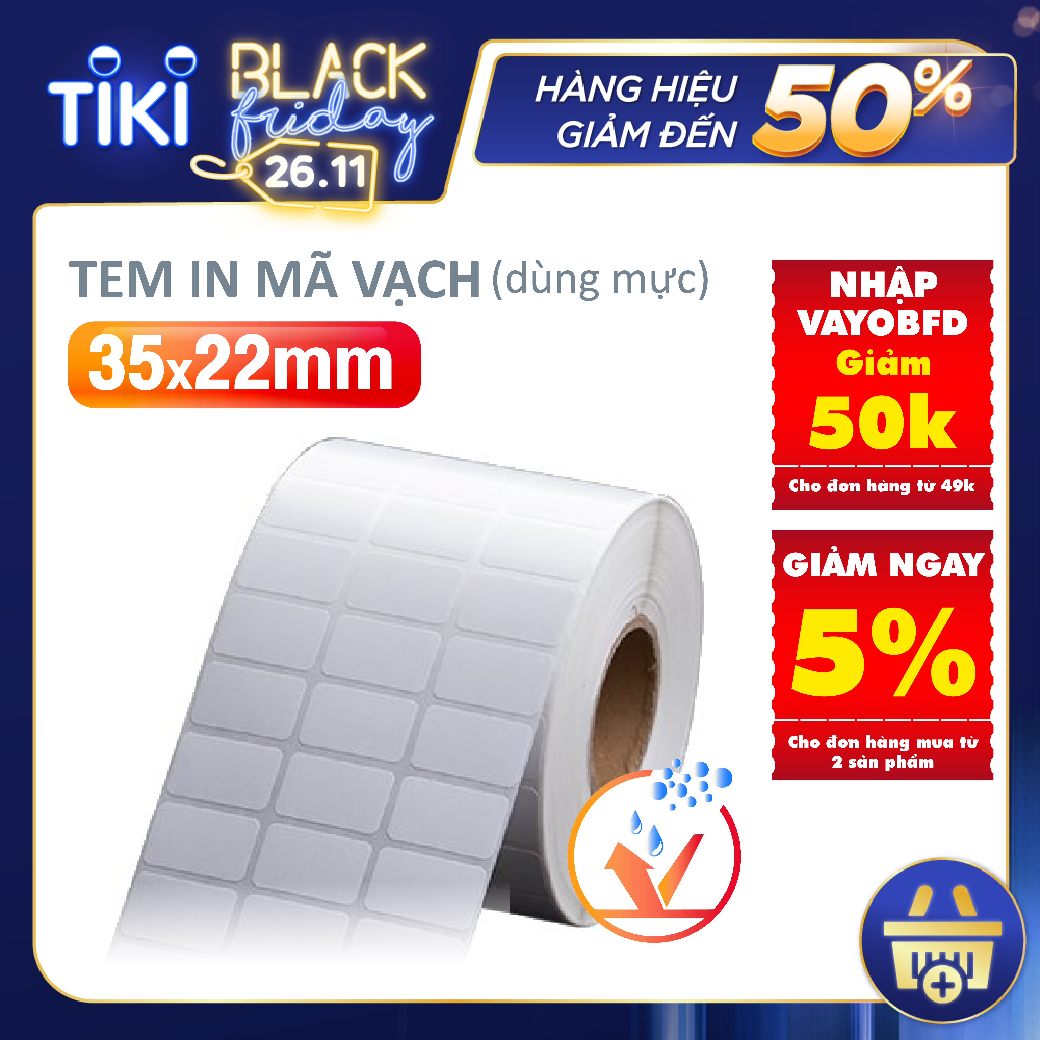 Tem in mã vạch VAYO 35x22mm, 3 tem/hàng (dùng mực), in barcode sản phẩm