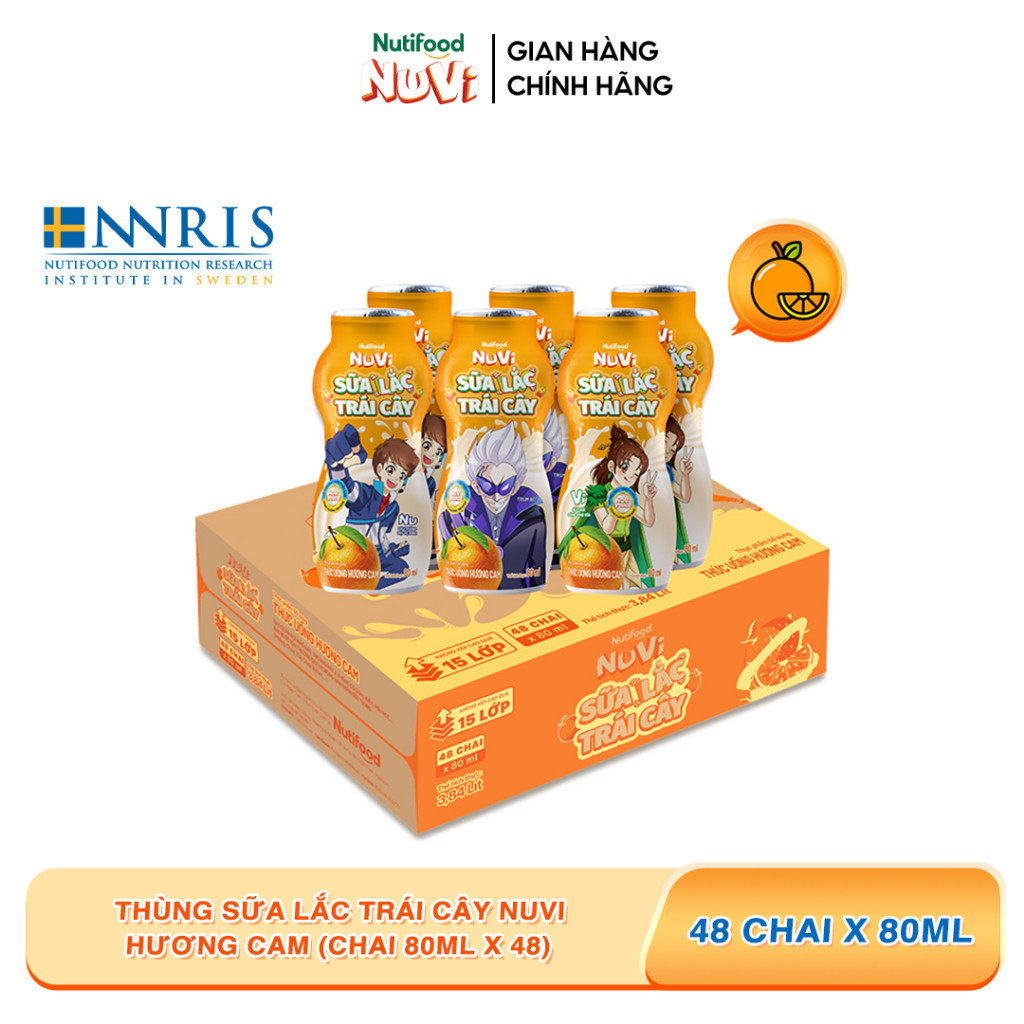 Thùng 48 chai Sữa Lắc Trái Cây Nuvi Hương Cam 80ml - Tăng Cường Chiều Cao, Phát Triển Trí Não