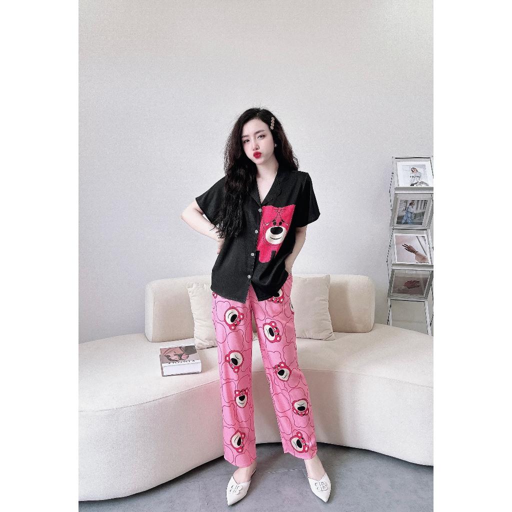 Đồ Bộ Pijama Lụa Xước Cao Cấp Tay Ngắn Quần Dài (gấu) freesize 40-60kg