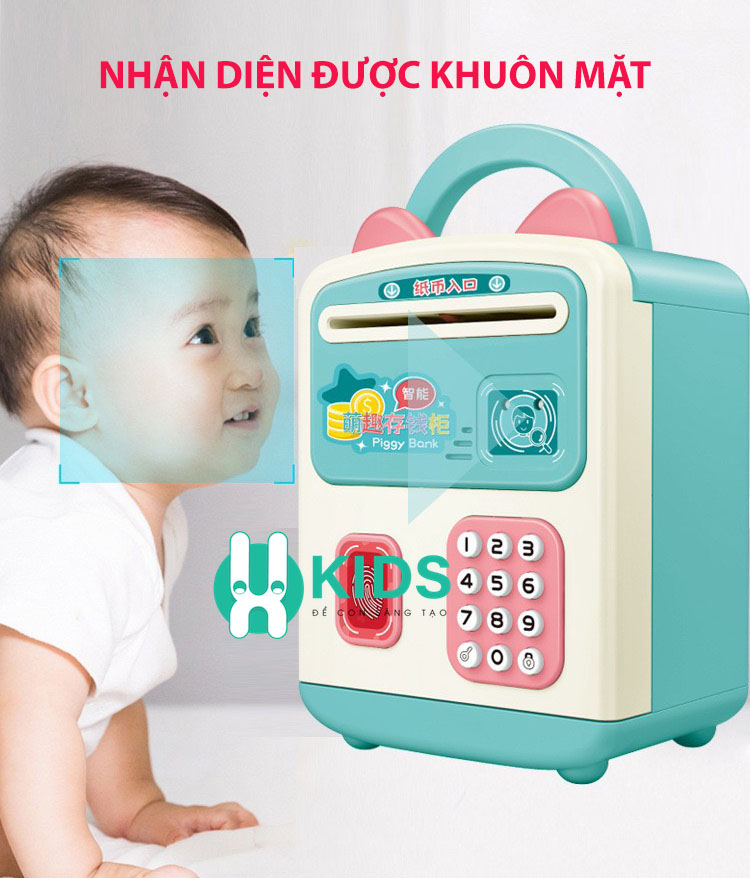 Két sắt mini cho bé mở khoá bằng vân tay, nhận dạng khuôn mặt,ống heo tiết kiệm tiền thông minh có nhạc hình mèo