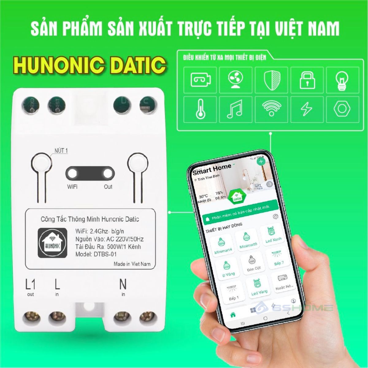 Công Tắc Thông Minh WiFi Hunonic Datic Basic 500W DTBS01, App Tiếng Việt, Điều Khiển Từ Xa Trên Điện Thoại qua WiFi/4G