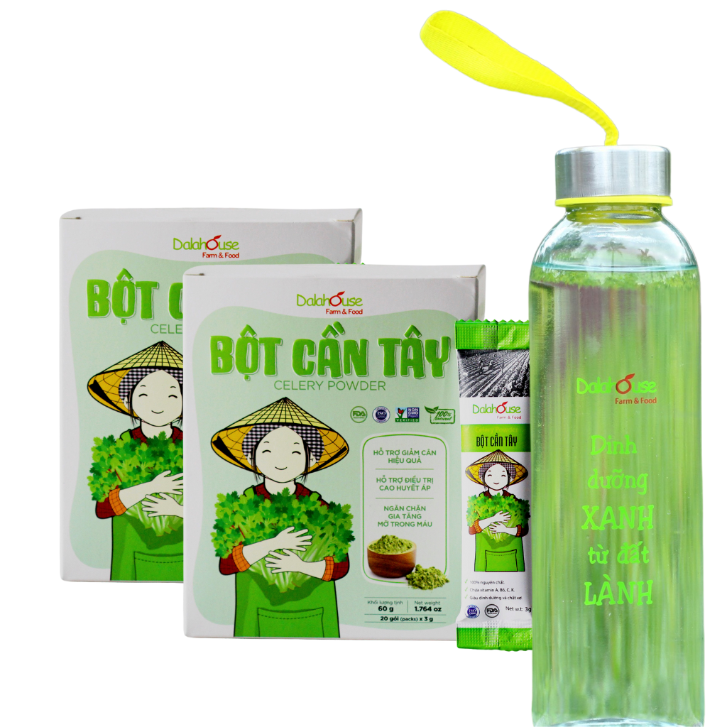 Bột cần tây nguyên chất Dalahouse - Combo 2 hộp 40 lần dùng, tặng kèm chai thủy tinh cao cấp 500ml logo Dalahouse phiên bản giới hạn - Giảm cân, thải độc, giữ dáng, trắng da