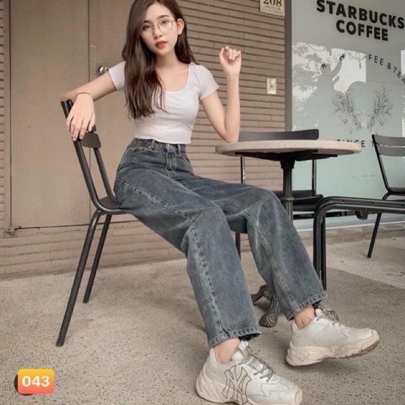 Quần jeans nữ - quần bò ống rộng lưng cao, vải bò mềm đẹp , dáng suông dài