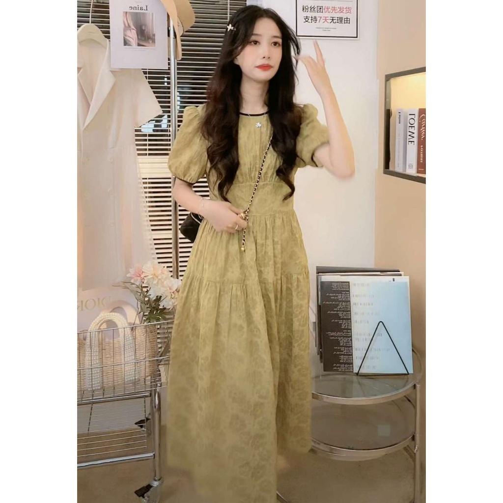 Đầm midi hoạ tiết hoa hồng cổ tròn viền tay phong cách vintage - V02