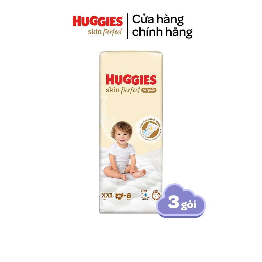 Thùng 3 gói Tã/ Bỉm quần Huggies Skin Perfect M/L/XL/XXL Super Jumbo Với 2 Vùng Thấm Giảm Kích Ứng Da