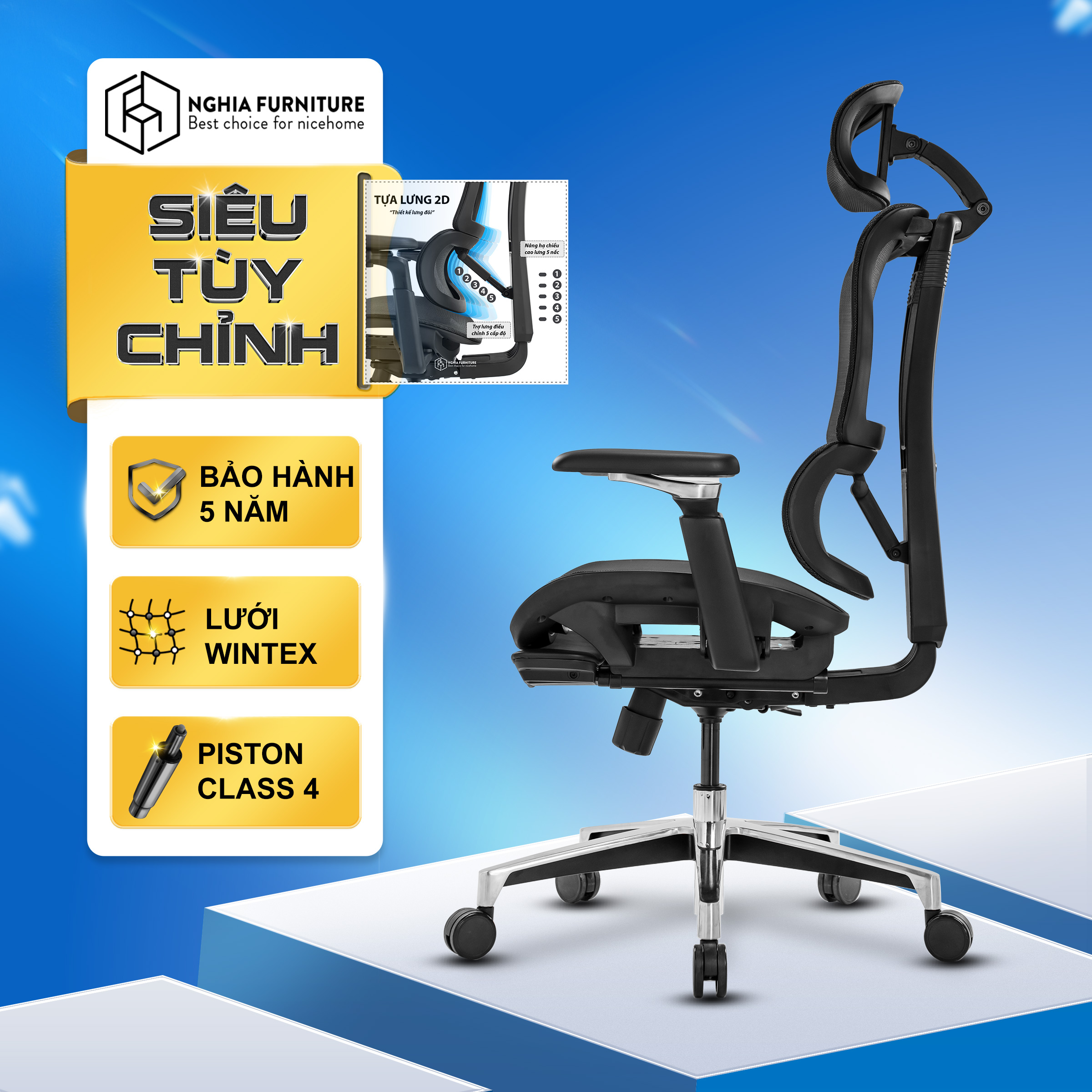 Ghế công thái học Nghia furniture LUMBAR - Ghế xoay văn phòng làm việc nhiều…