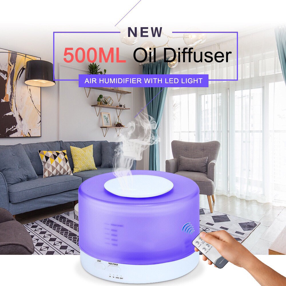 Máy khuếch tán tinh dầu trụ trắng 500ml có chế độ hẹn giờ dành cho phòng 30-45m2 có remote