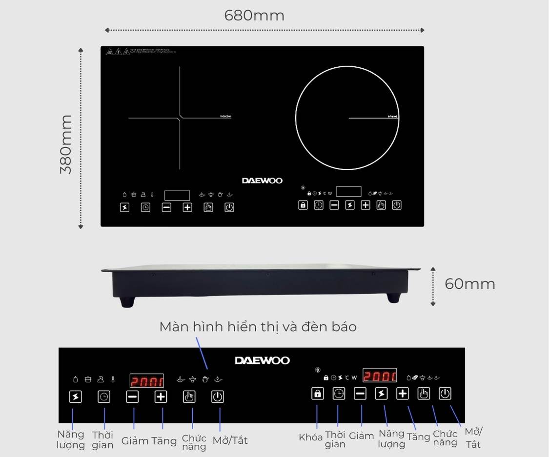 Bếp Đôi Điện Từ Hồng Ngoại Daewoo DWHB-3801C, mặt kính pha lê bóng 3800W, phù hợp mọi loại nồi - Hàng chính hãng