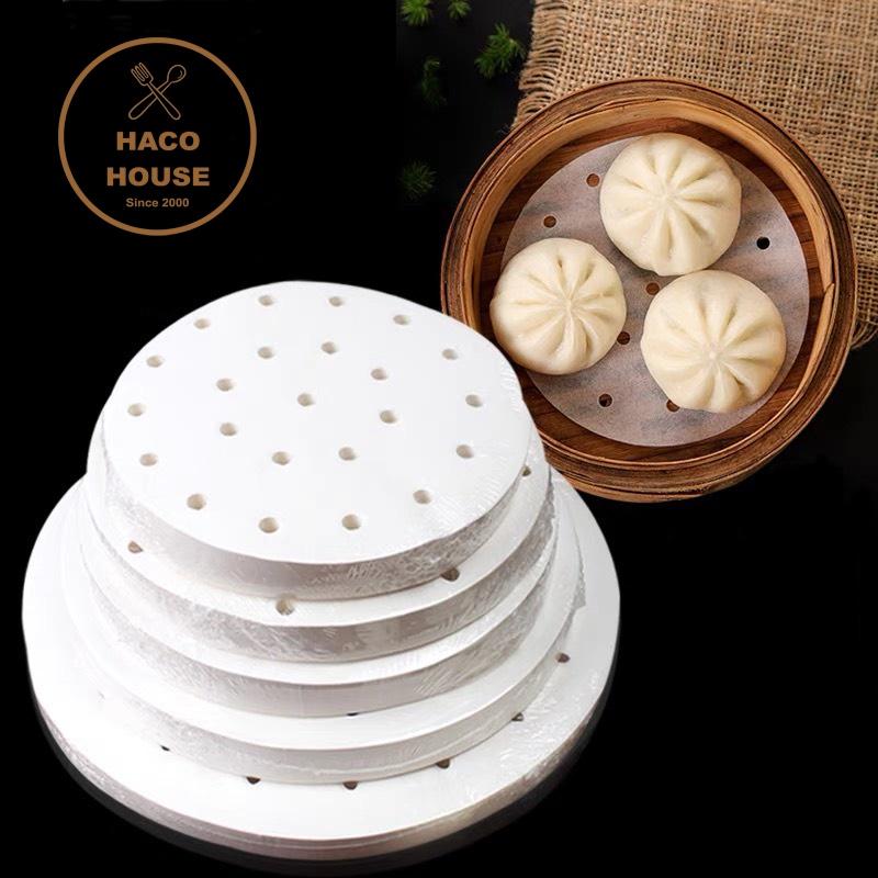 Set 100 Tờ Giấy nến đục lỗ, tròn lót xửng hấp, nồi chiên không dầu, hấp bánh bao size 20, 23cm