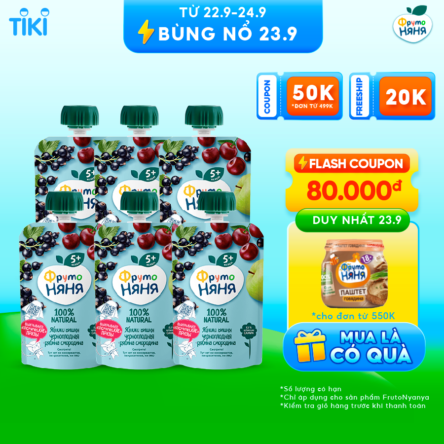 Combo 6 Gói Trái cây nghiền vị táo, cherry, quả lý chua và thanh lương trà Fruto Nyanya 90g