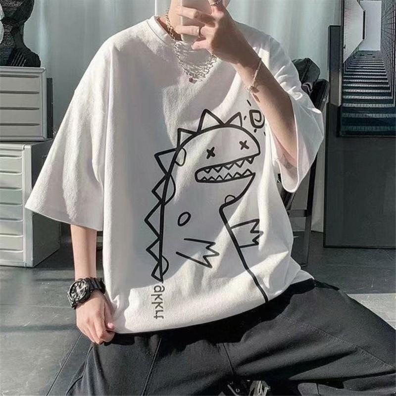 Hình ảnh Áo phông nam nữ unisex tay lỡ thun form rộng teen cổ tròn oversize cotton giá rẻ basic đen trắng tee pull freesize KHỦNG LONG DỄ THƯƠNG