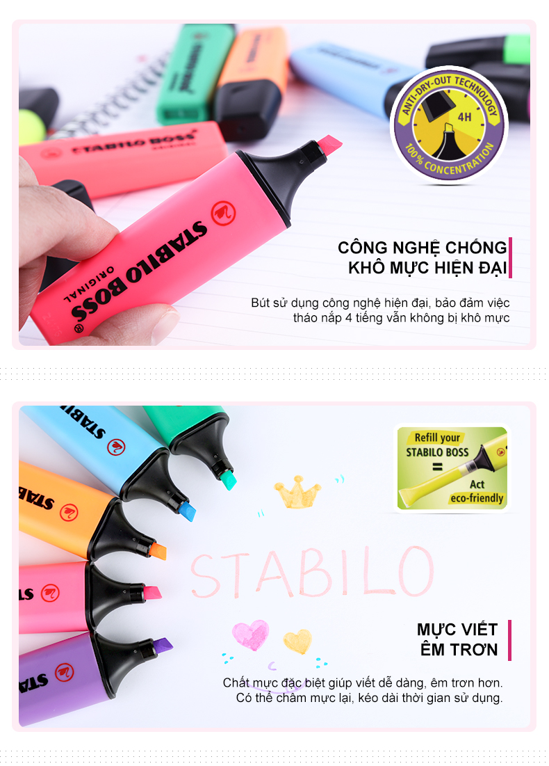 Bộ bút dạ quang STABILO BOSS ORIGINAL - Bộ 3 Bút dạ quang STABILO BOSS ORIGINAL Pastel vàng + hồng + tím (HLP70-C459)